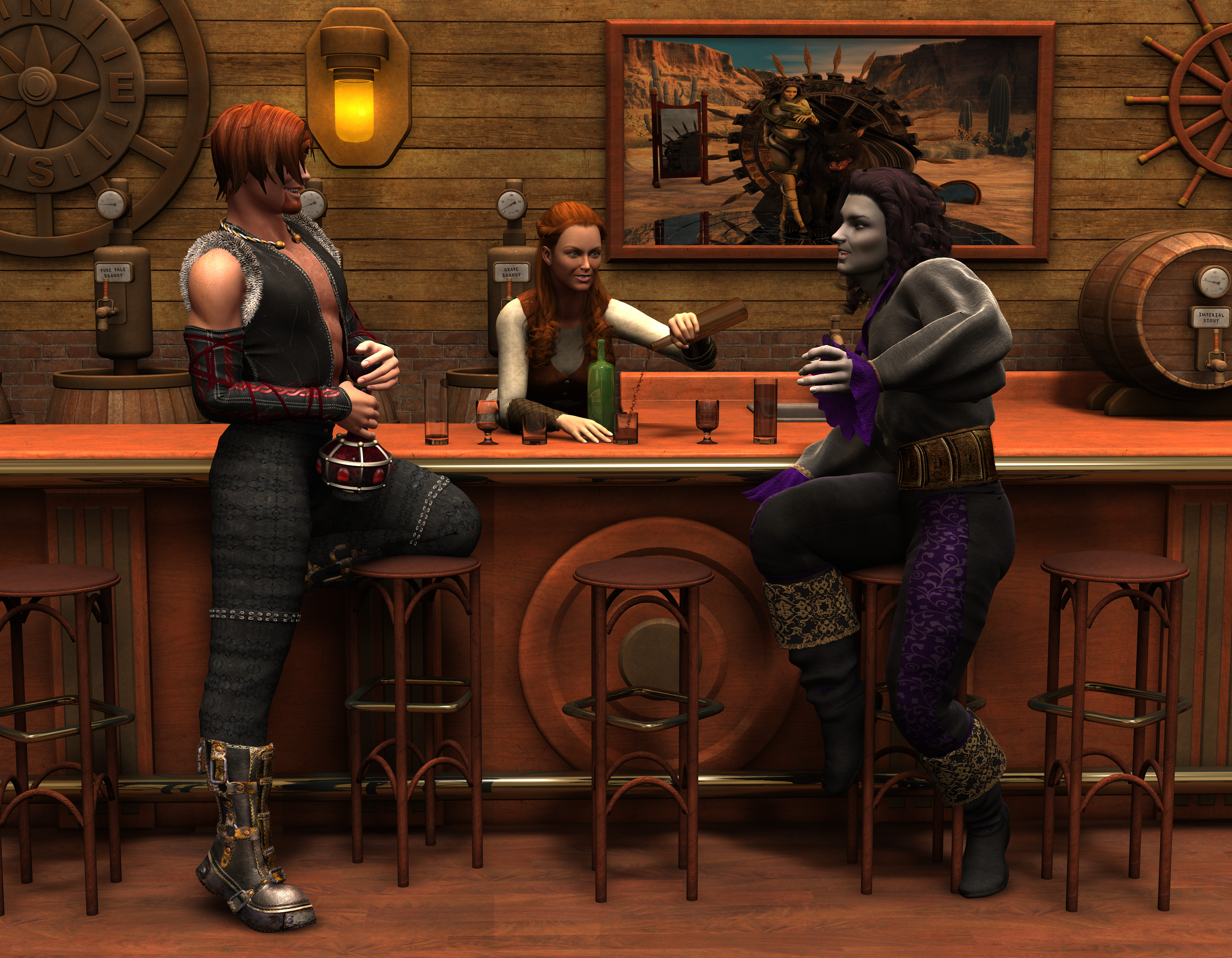 Image: Two dudes drinking and a female bartender pouring.